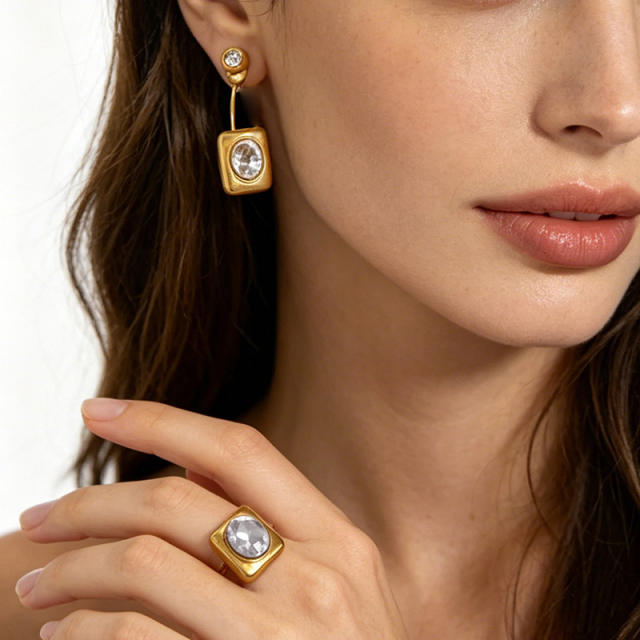Delicate square cubic zircon inlaid stainless steel earrings jacket earrings rings set
