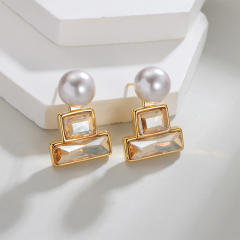 Korean Simple Geometric Square Zircon Pearl Earrings stainless steel earrings