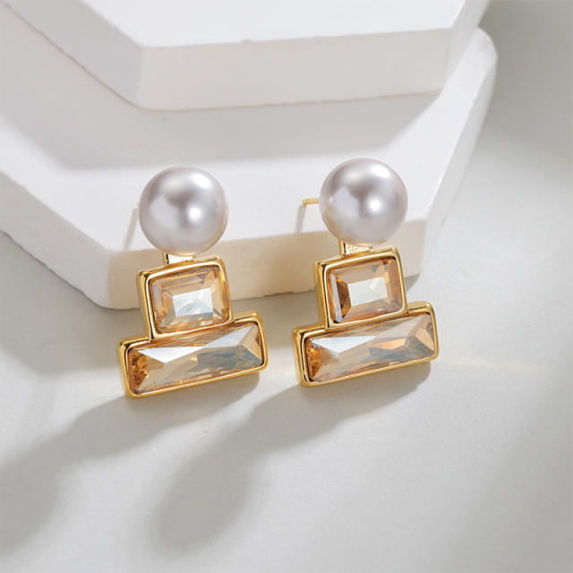 Korean Simple Geometric Square Zircon Pearl Earrings stainless steel earrings