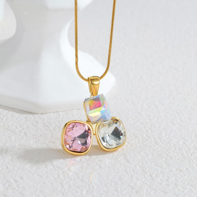 Elegant colorful geometric crystal pendant stainless steel necklace