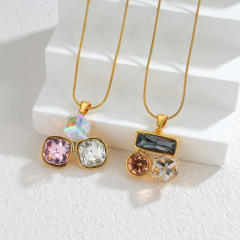 Elegant colorful geometric crystal pendant stainless steel necklace