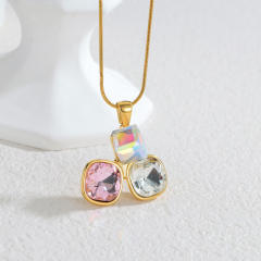 Elegant colorful geometric crystal pendant stainless steel necklace