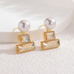 Korean Simple Geometric Square Zircon Pearl Earrings stainless steel earrings