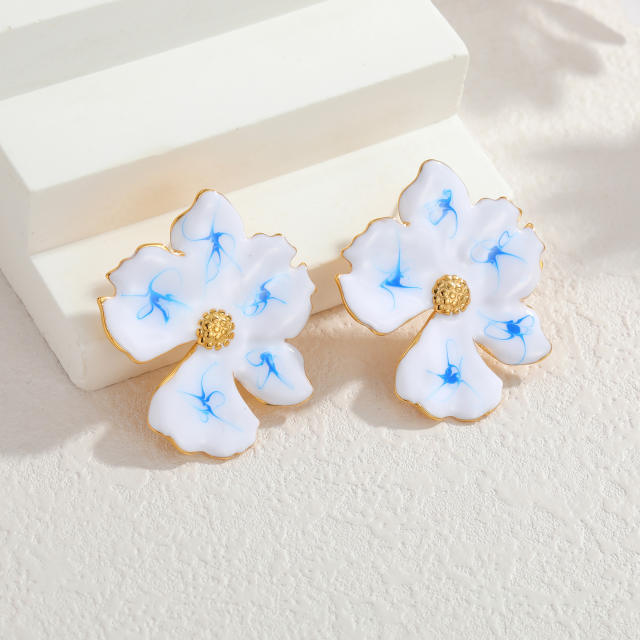 Chinese trend white blue color enamel stainless steel earrings
