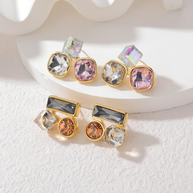 Vintage Stainless Steel earrings Simple Geometric Square Zircon Earrings for Women