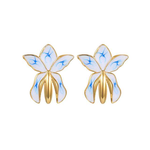 Chinese trend white blue color enamel stainless steel earrings