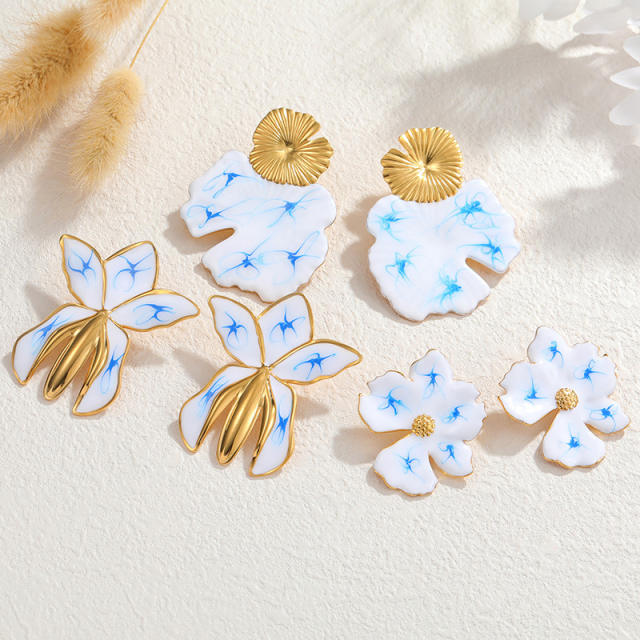 Chinese trend white blue color enamel stainless steel earrings