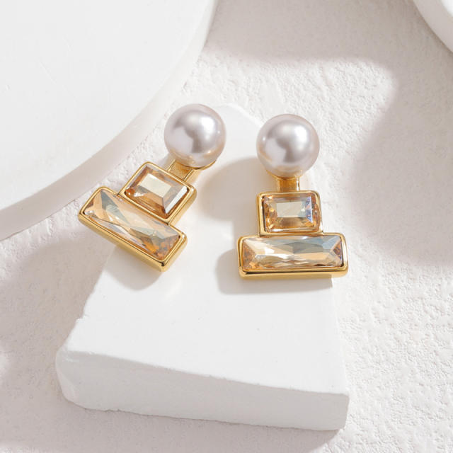 Korean Simple Geometric Square Zircon Pearl Earrings stainless steel earrings