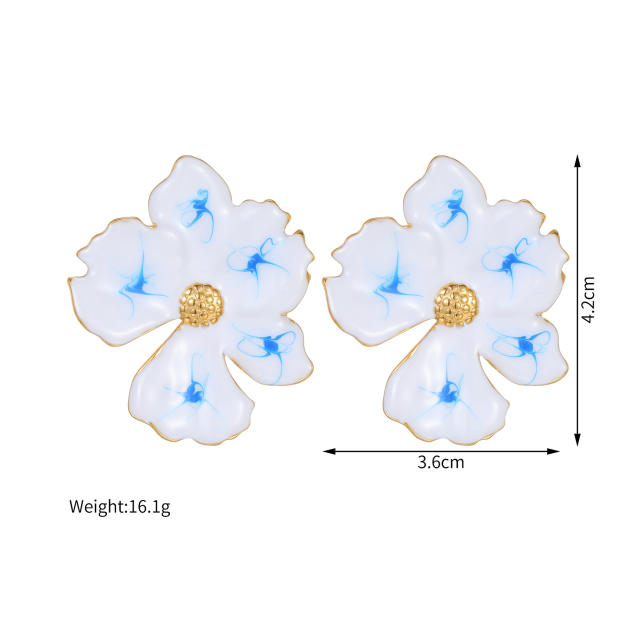 Chinese trend white blue color enamel stainless steel earrings