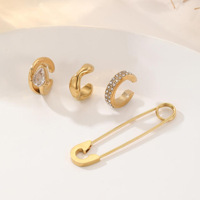 18KG cubic zircon inlaid stainless steel ear cuff earrings