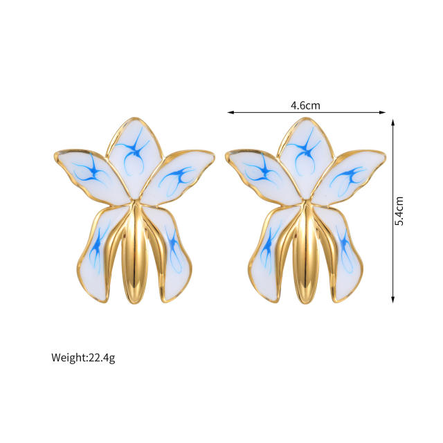 Chinese trend white blue color enamel stainless steel earrings
