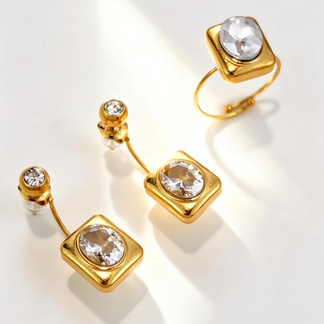 Delicate square cubic zircon inlaid stainless steel earrings jacket earrings rings set