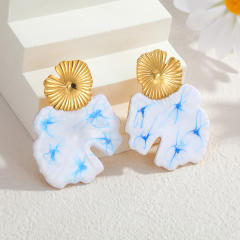 Chinese trend white blue color enamel stainless steel earrings