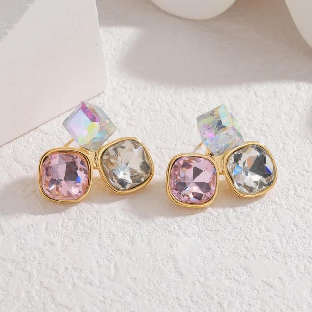 Vintage Stainless Steel earrings Simple Geometric Square Zircon Earrings for Women