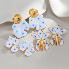 Chinese trend white blue color enamel stainless steel earrings