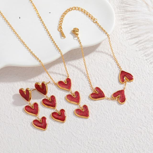 18KG red heart stainless steel necklace bracelet earrings set