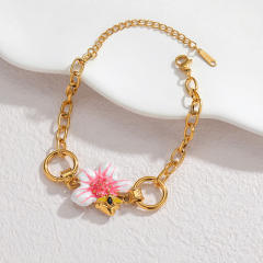 18KG sweet white pink enamel flower stainless steel necklace bracelet set