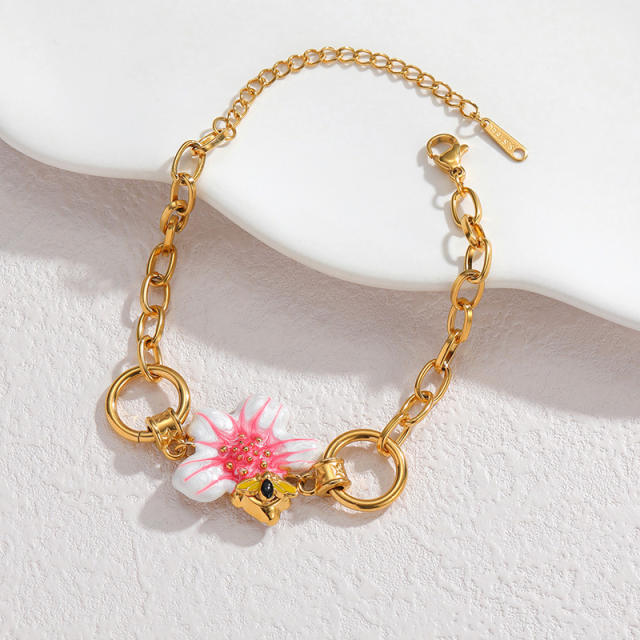 18KG sweet white pink enamel flower stainless steel necklace bracelet set