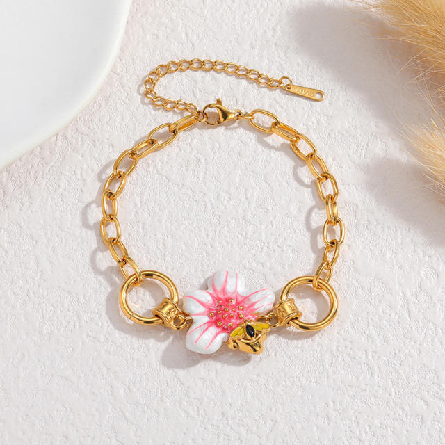18KG sweet white pink enamel flower stainless steel necklace bracelet set