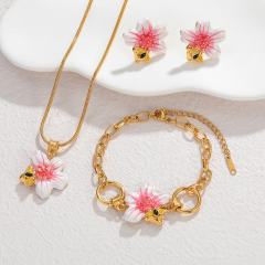 18KG sweet white pink enamel flower stainless steel necklace bracelet set