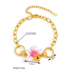 18KG sweet white pink enamel flower stainless steel necklace bracelet set
