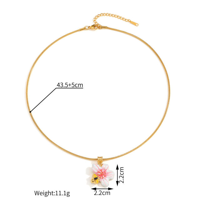 18KG sweet white pink enamel flower stainless steel necklace bracelet set