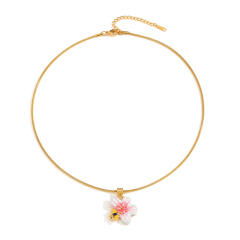 18KG sweet white pink enamel flower stainless steel necklace bracelet set