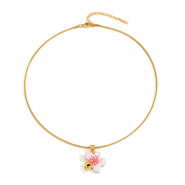 18KG sweet white pink enamel flower stainless steel necklace bracelet set