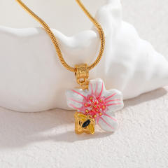 18KG sweet white pink enamel flower stainless steel necklace bracelet set