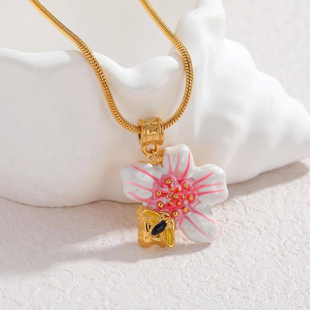 18KG sweet white pink enamel flower stainless steel necklace bracelet set