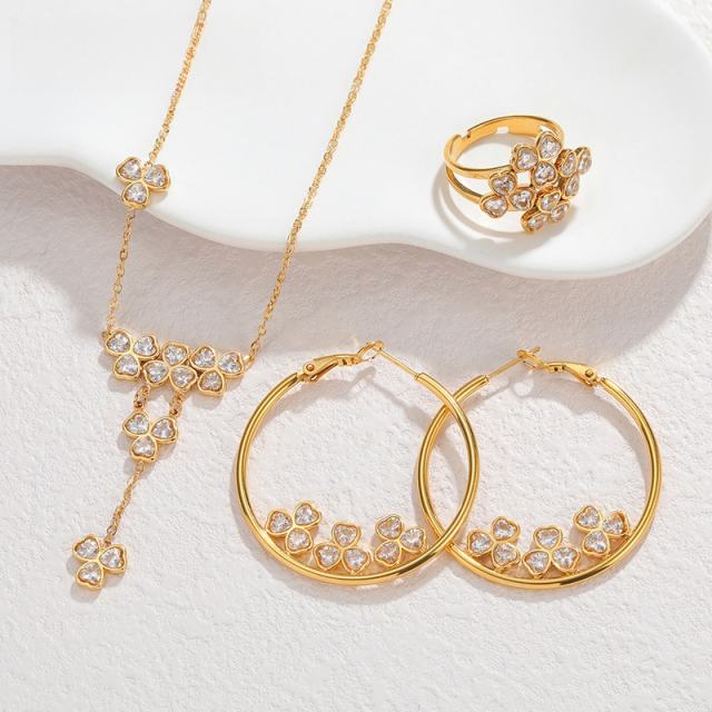 18KG diamond heart stainless steel necklace earrings set