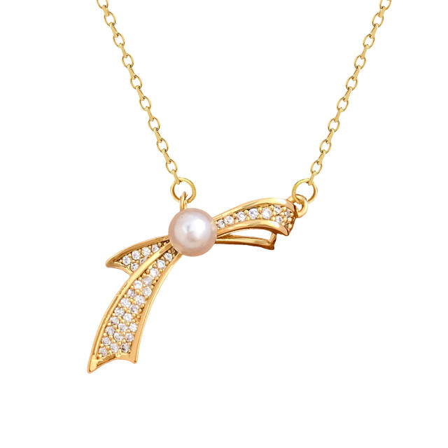 Delicate diamond flower sweet bow pearl drop stainless steel necklace