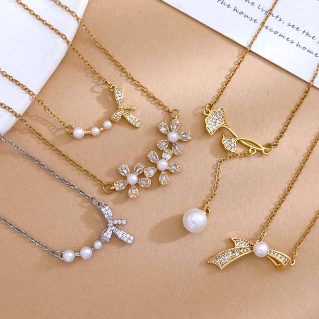 Delicate diamond flower sweet bow pearl drop stainless steel necklace