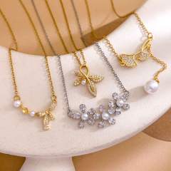Delicate diamond flower sweet bow pearl drop stainless steel necklace