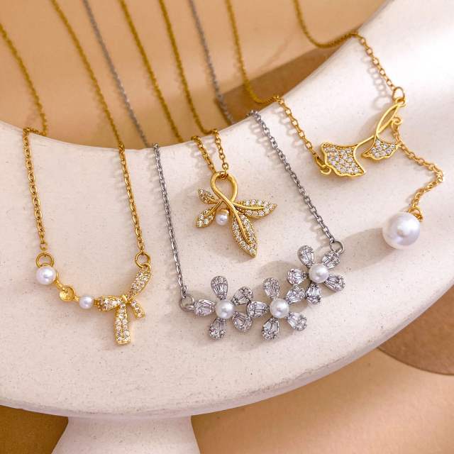 Delicate diamond flower sweet bow pearl drop stainless steel necklace