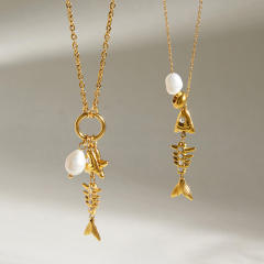 Summer holiday beach design fishbone pendant stainless steel necklace earrings set