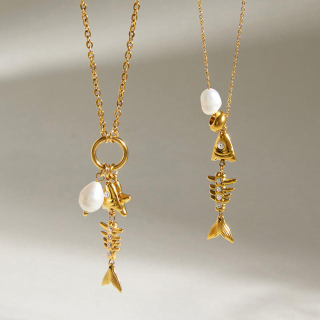 Summer holiday beach design fishbone pendant stainless steel necklace earrings set