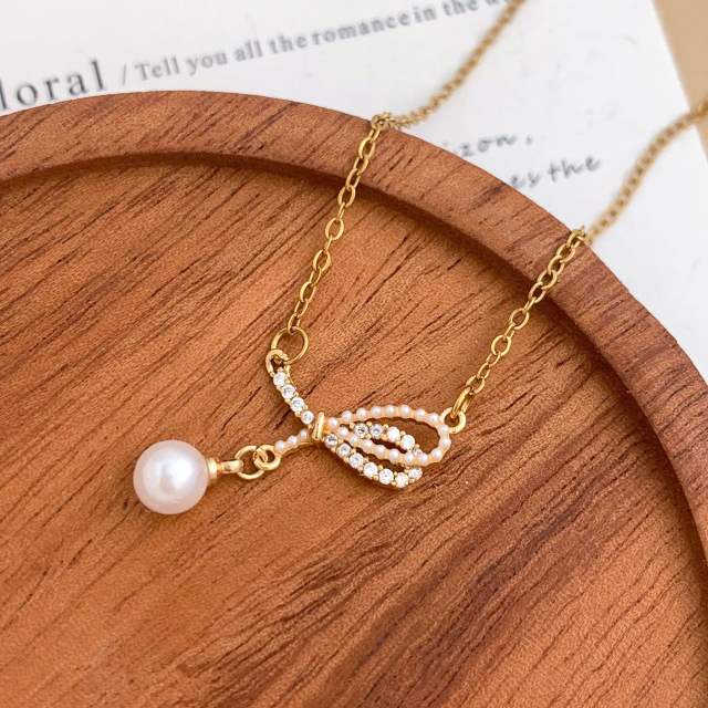 Delicate diamond flower sweet bow pearl drop stainless steel necklace