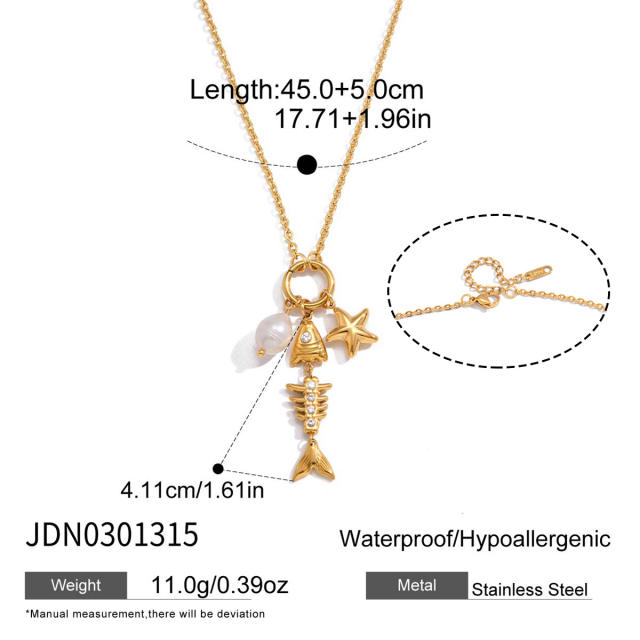 Summer holiday beach design fishbone pendant stainless steel necklace earrings set