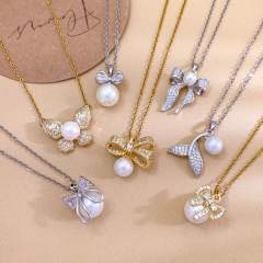 Elegant full diamond bow butterfly pearl inlaid pendant stainless steel chain necklace