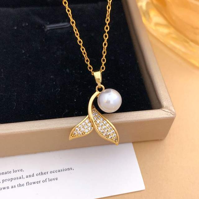 Elegant full diamond bow butterfly pearl inlaid pendant stainless steel chain necklace