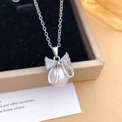Elegant full diamond bow butterfly pearl inlaid pendant stainless steel chain necklace