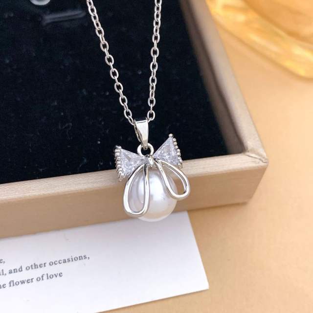 Elegant full diamond bow butterfly pearl inlaid pendant stainless steel chain necklace