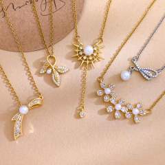 Delicate diamond flower sweet bow pearl drop stainless steel necklace