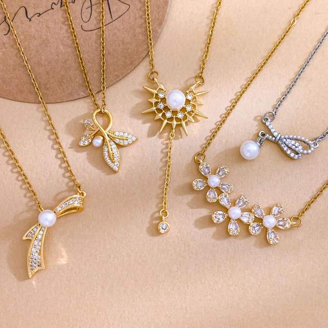 Delicate diamond flower sweet bow pearl drop stainless steel necklace