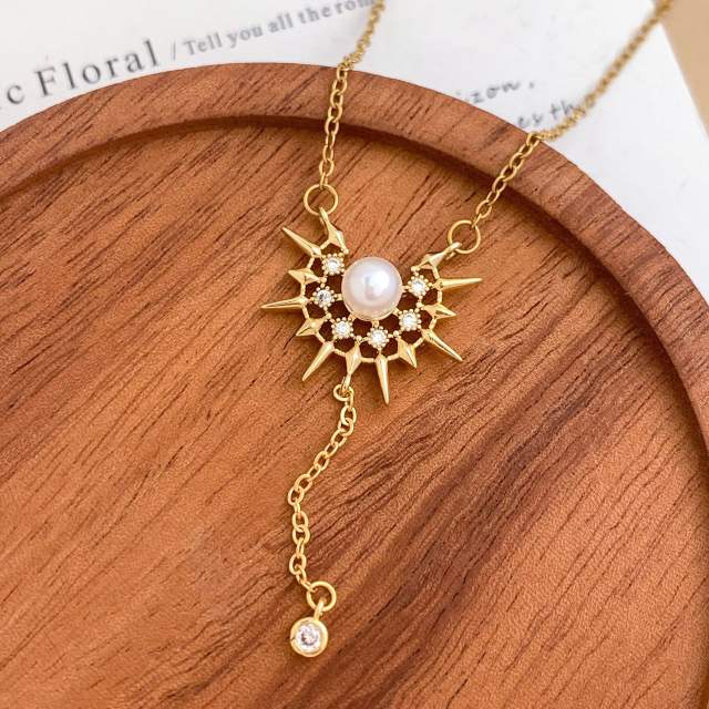 Delicate diamond flower sweet bow pearl drop stainless steel necklace