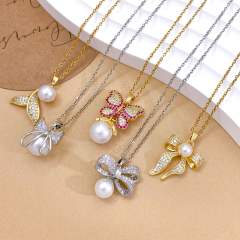 Elegant full diamond bow butterfly pearl inlaid pendant stainless steel chain necklace