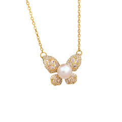 Elegant full diamond bow butterfly pearl inlaid pendant stainless steel chain necklace
