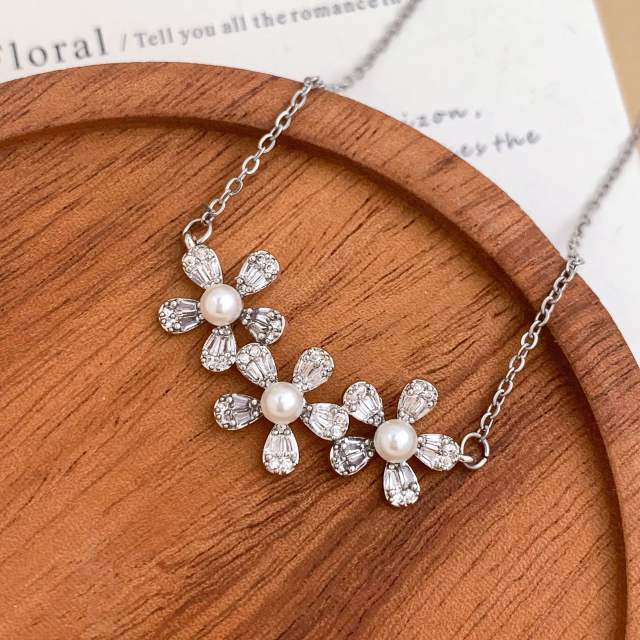 Delicate diamond flower sweet bow pearl drop stainless steel necklace