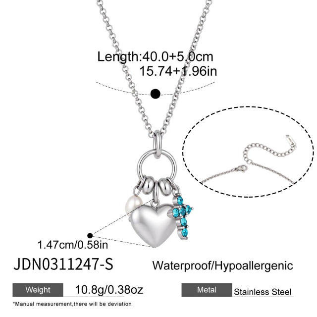 Elegant diamond heart multi pendant stainless steel necklace